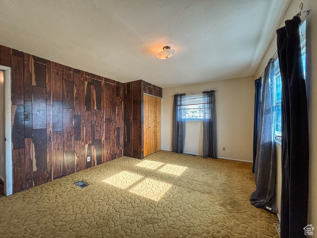 Unfurnished room with wood walls and carpet flooring