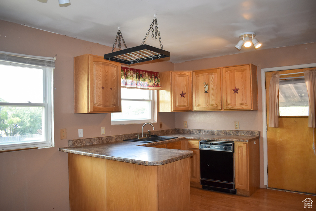 Kitchen with black dishwasher, light wood-type flooring, and a peninsula