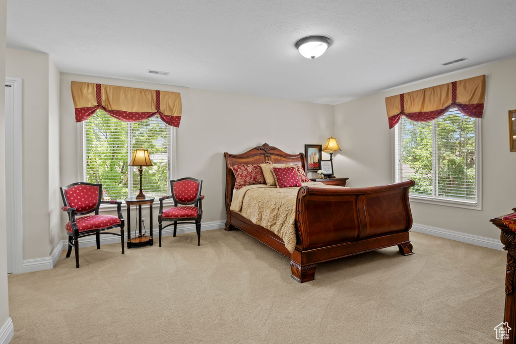 Bedroom with light colored carpet and multiple windows