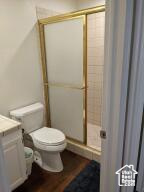 Bathroom with a stall shower, vanity, and wood finished floors