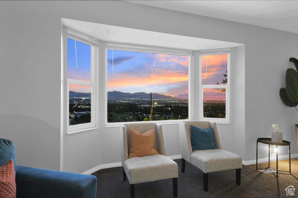 Living area featuring carpet floors, a mountain view, and healthy amount of natural light