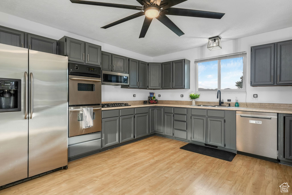 Kitchen featuring stainless steel appliances, light wood finished floors, light countertops, ceiling fan, and gray cabinets