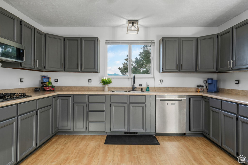 Kitchen featuring appliances with stainless steel finishes, light wood-style floors, light countertops, and gray cabinets