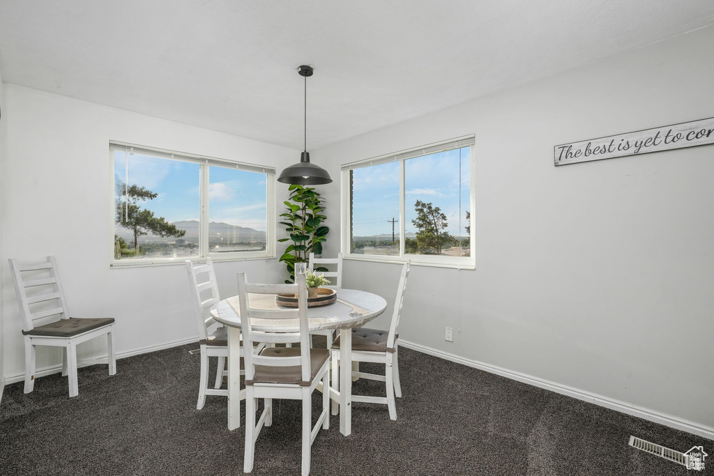 Carpeted dining space with baseboards