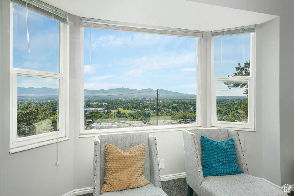 Living area featuring a mountain view