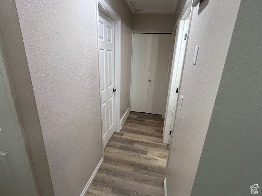 Corridor featuring wood finished floors and a textured wall