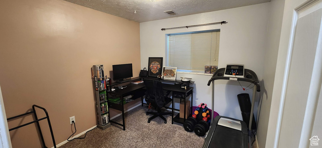 Office with carpet flooring and a textured ceiling