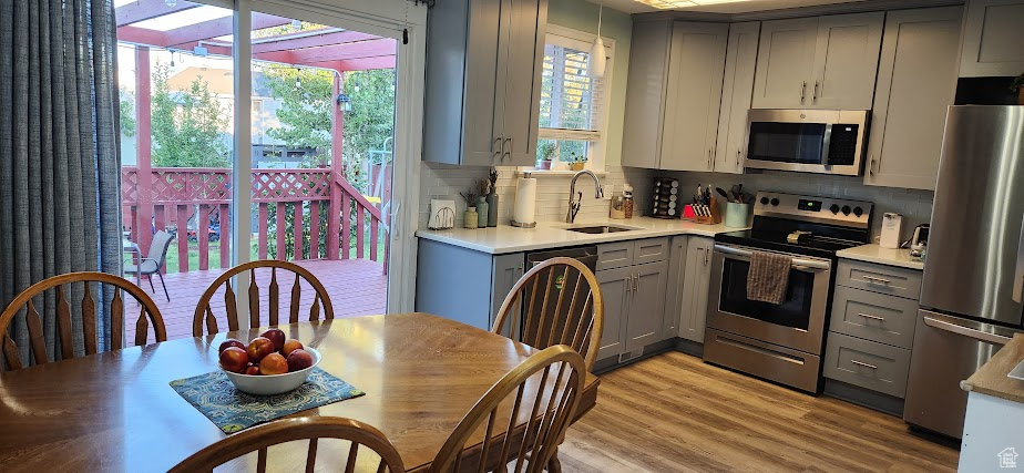 Kitchen with appliances with stainless steel finishes, gray cabinetry, backsplash, light wood finished floors, and light countertops
