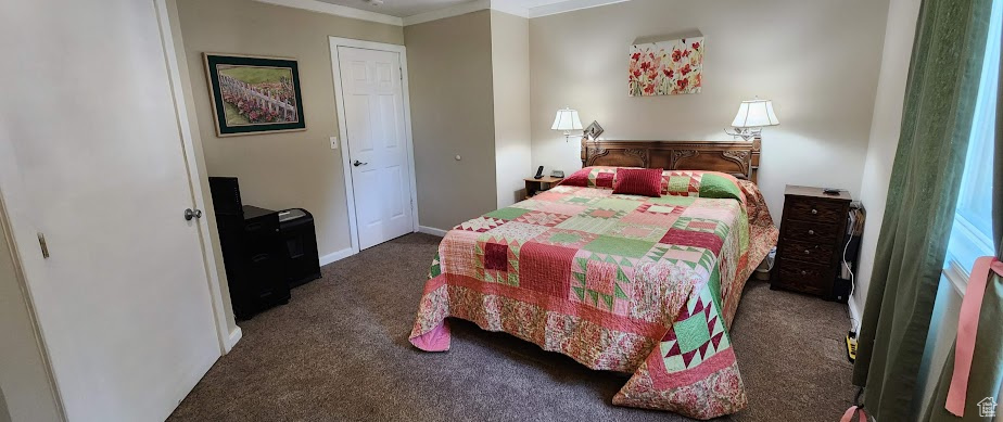 Carpeted bedroom featuring ornamental molding and baseboards