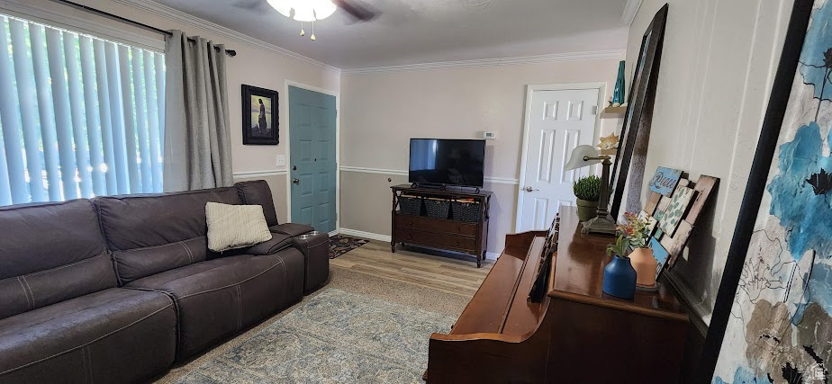Living room featuring ornamental molding, healthy amount of natural light, wood finished floors, and ceiling fan