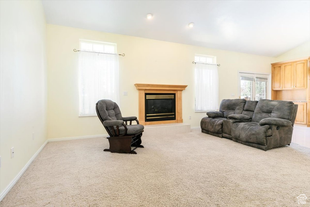 Living room featuring carpet floors, a glass covered fireplace, and lofted ceiling