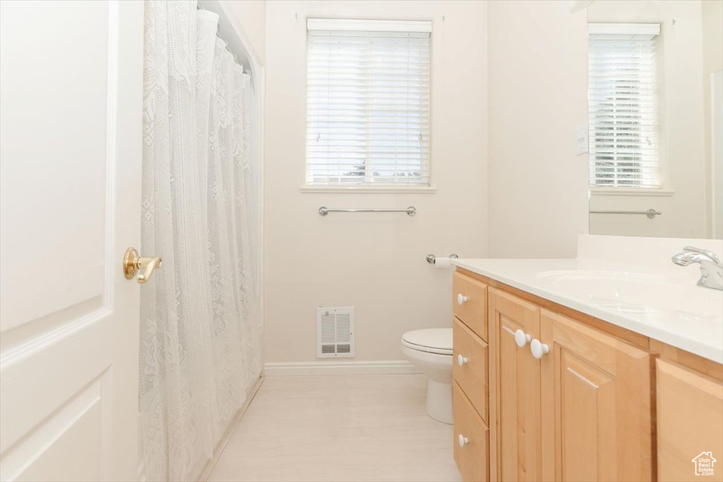 Full bath featuring vanity, plenty of natural light, and a shower with shower curtain