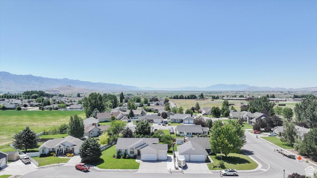 Aerial view of residential area with mountains