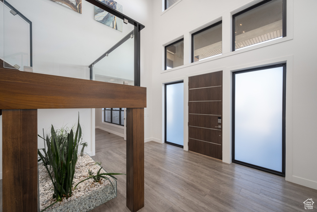Foyer featuring a towering ceiling and wood finished floors