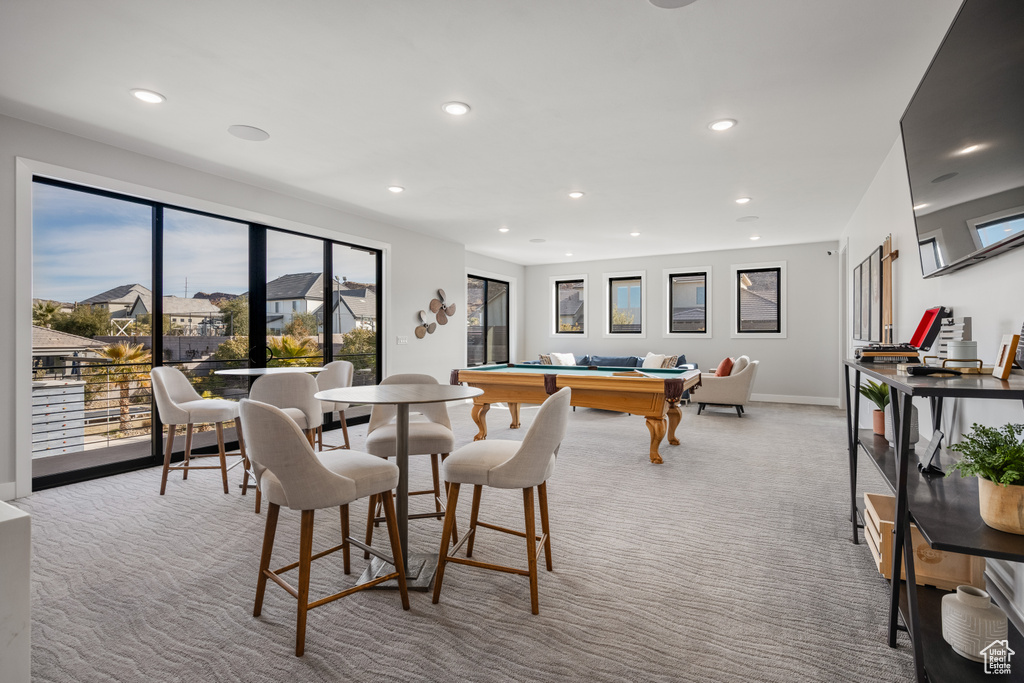 Rec room with carpet flooring, recessed lighting, and pool table