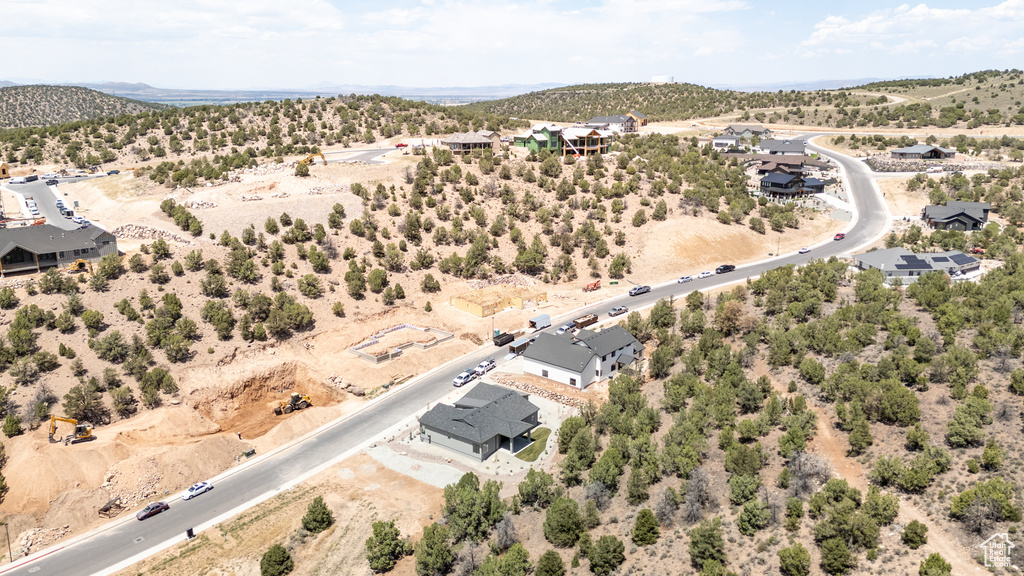 Bird's eye view of a mountain backdrop and a desert landscape
