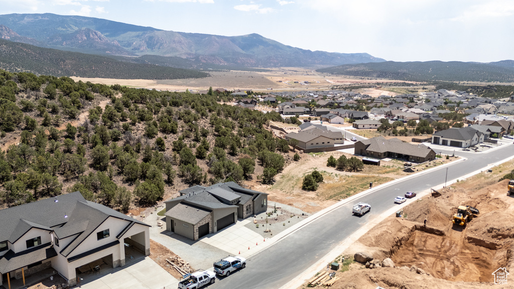 Aerial view of residential area with mountains
