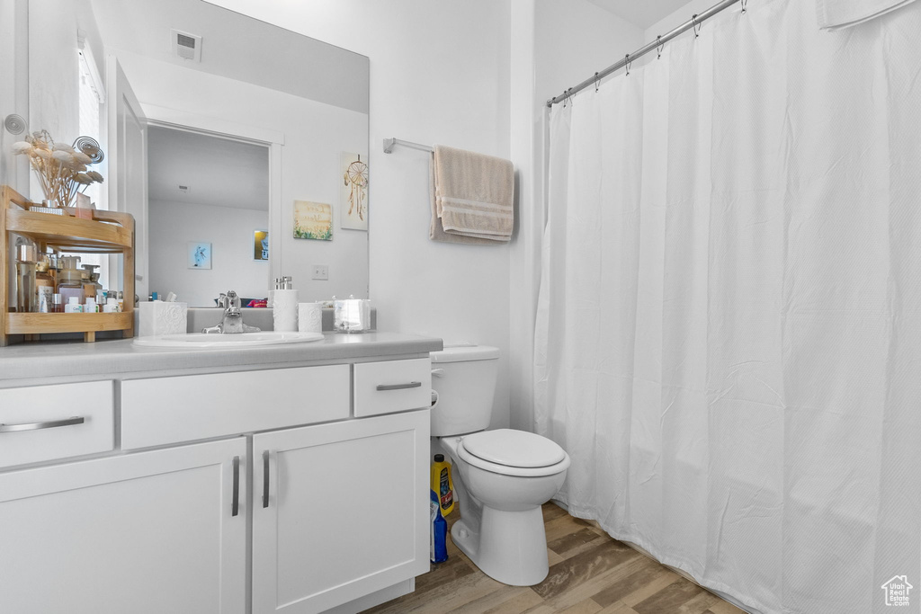 Bathroom with wood finished floors, vanity, and a shower with curtain