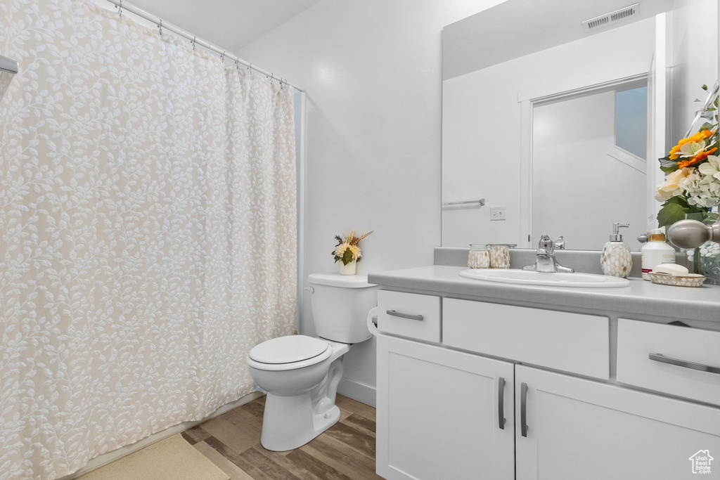 Bathroom with wood finished floors and vanity