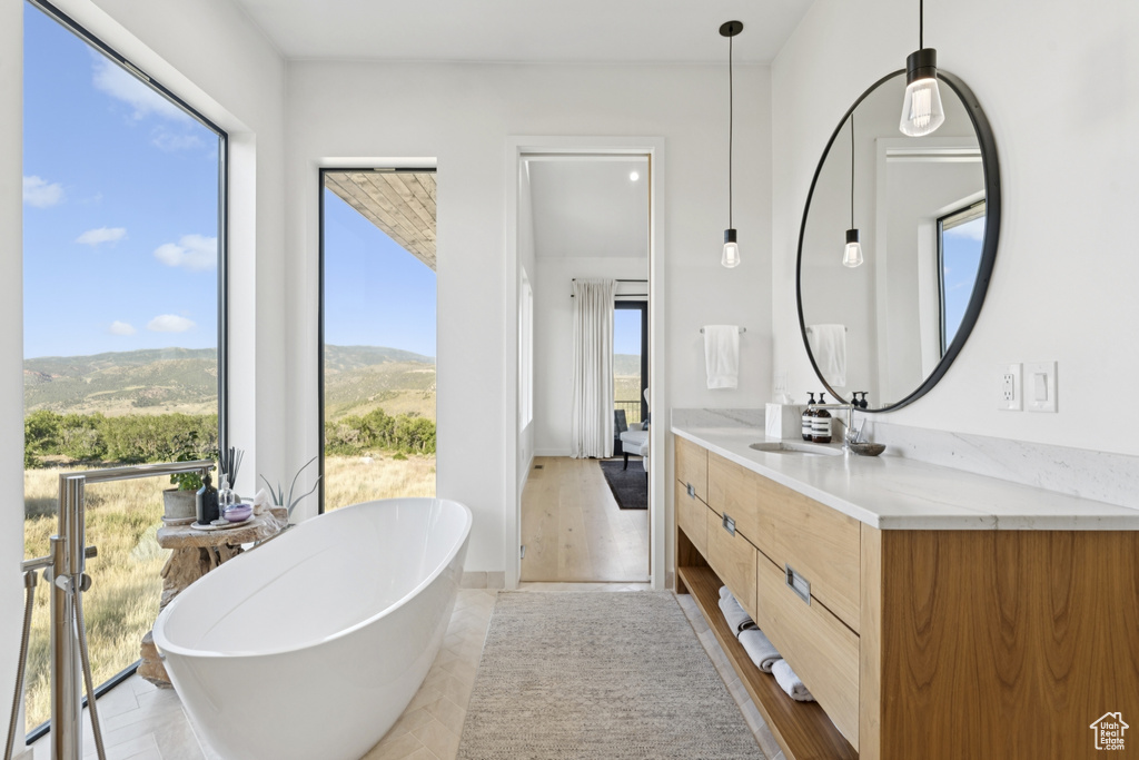 Full bath with vanity and a freestanding bath