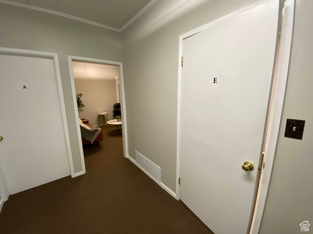Hall featuring crown molding and dark colored carpet