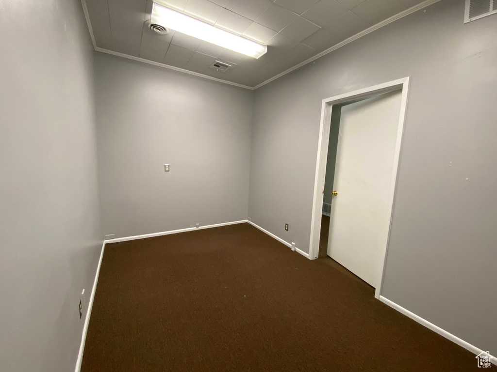 Spare room featuring crown molding and dark carpet