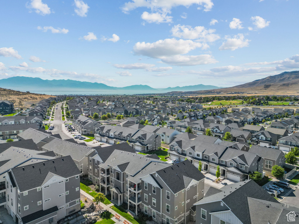 Aerial view of residential area with mountains