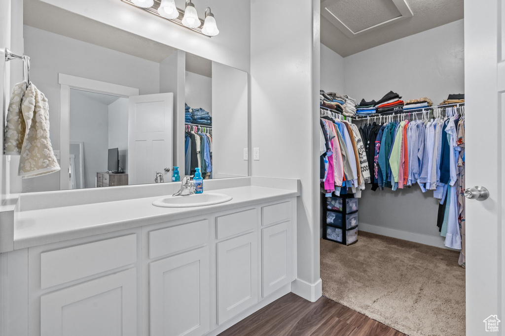 Bathroom with vanity and a walk in closet