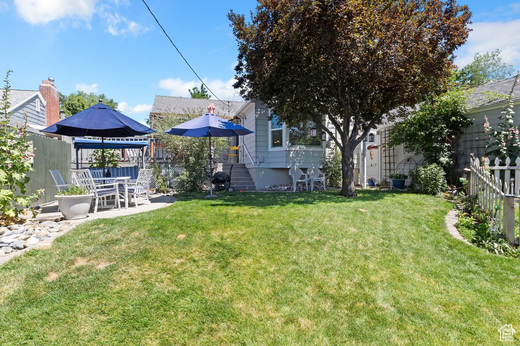 Fenced yard with a patio area