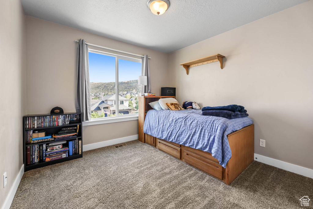 Bedroom with carpet floors and a textured ceiling