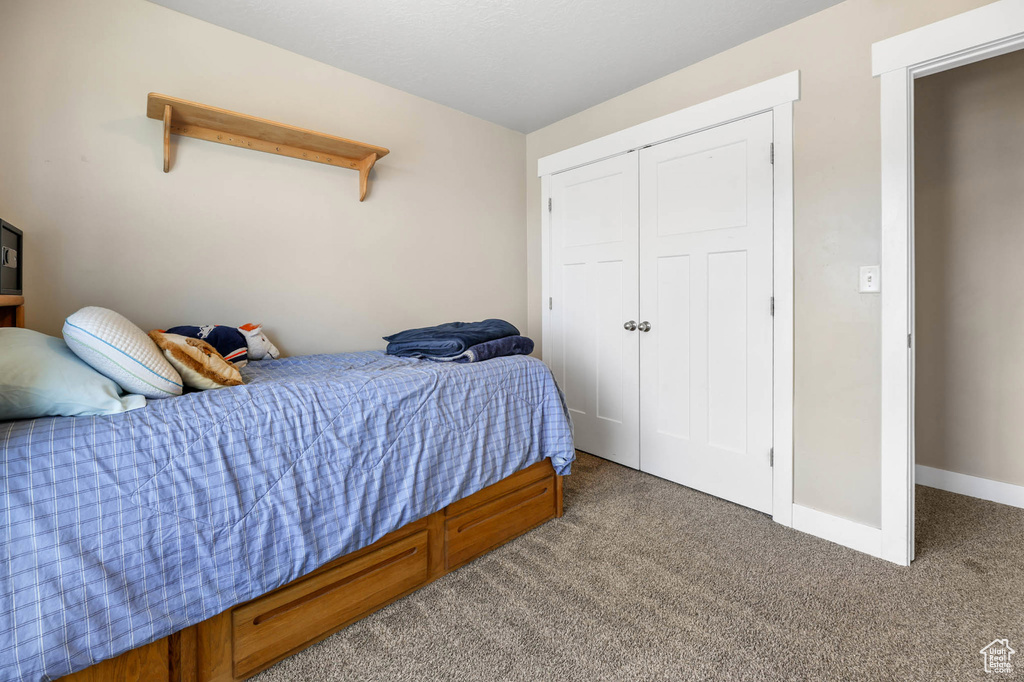 Bedroom with carpet floors and a closet