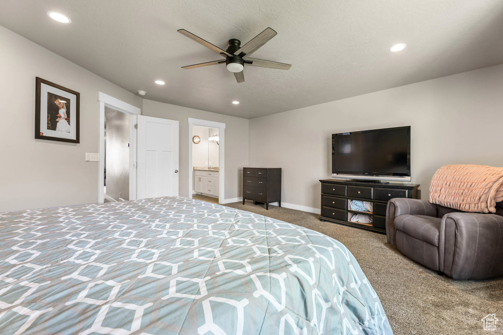 Bedroom with recessed lighting, carpet flooring, ensuite bathroom, and ceiling fan