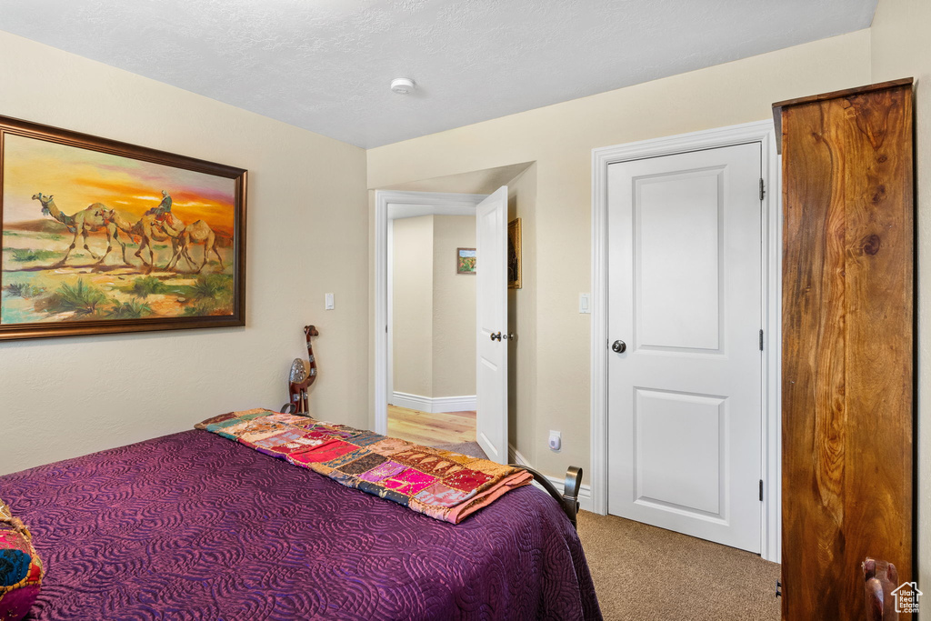 Bedroom with light colored carpet
