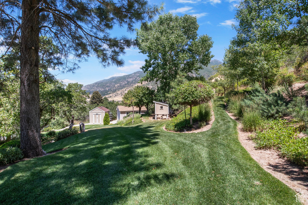 View of green lawn featuring a storage shed and a mountain view