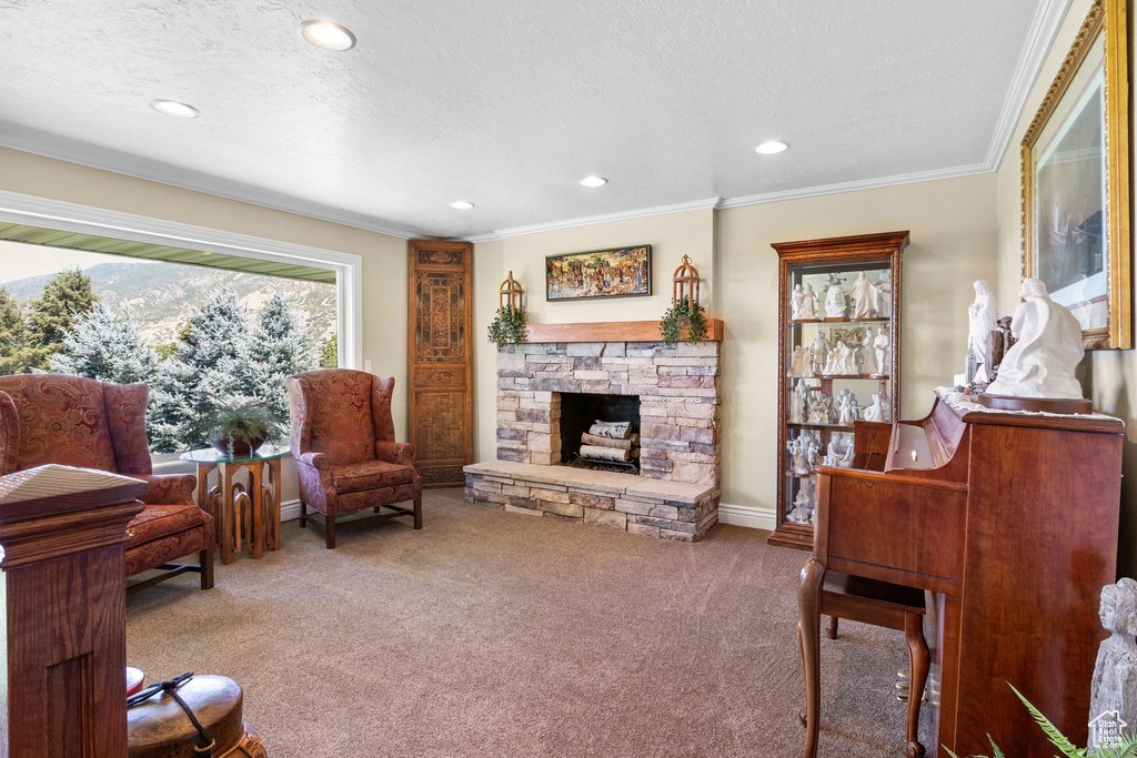 Carpeted living room featuring a textured ceiling, recessed lighting, a fireplace, and ornamental molding
