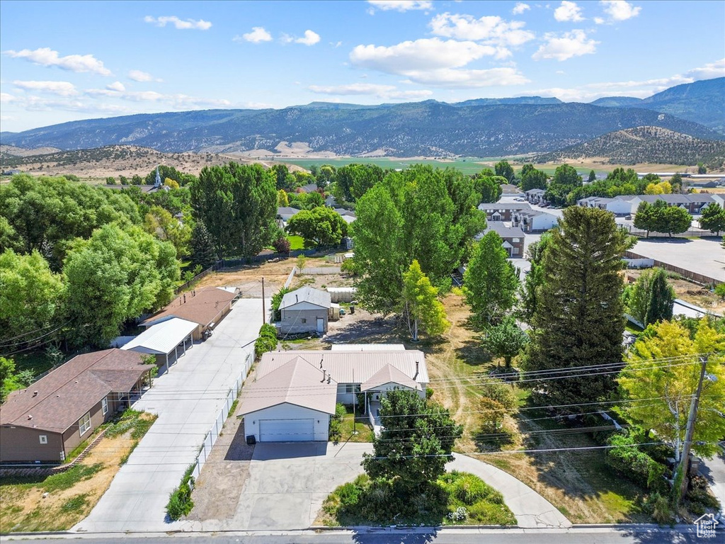 Bird's eye view of a mountainous background