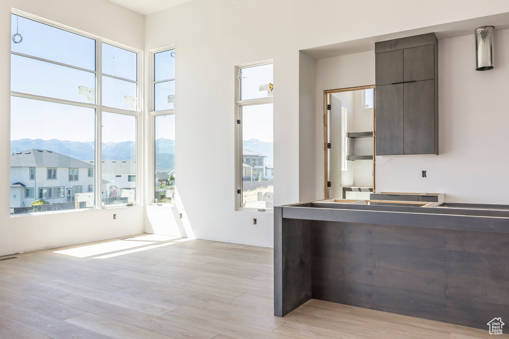 Kitchen with light wood finished floors, a mountain view, dark brown cabinetry, and modern cabinets