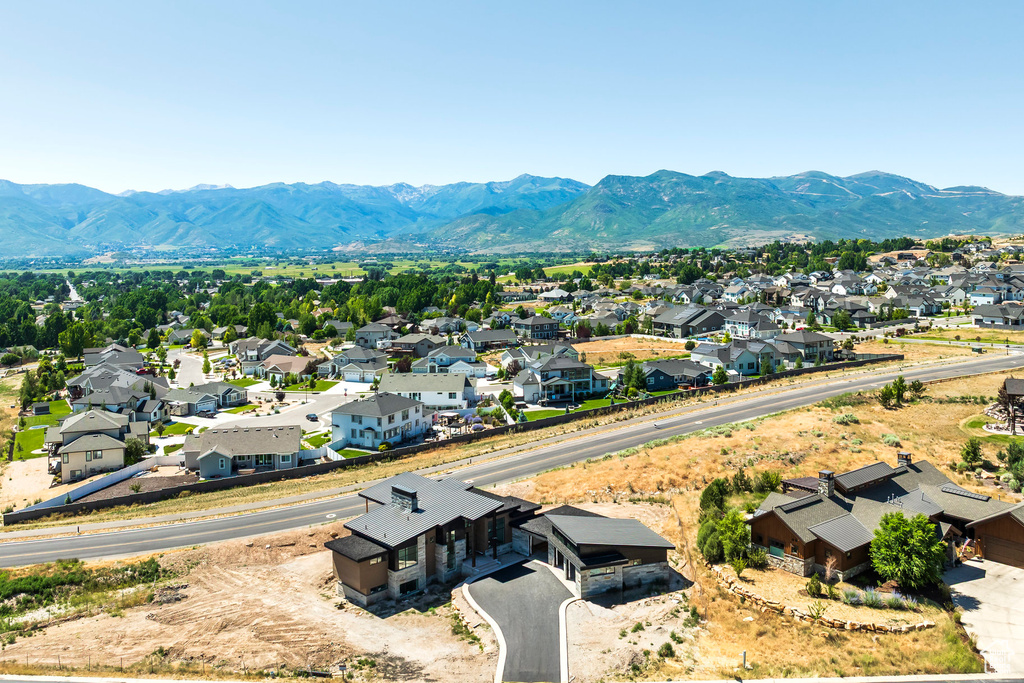 Aerial perspective of suburban area with mountains