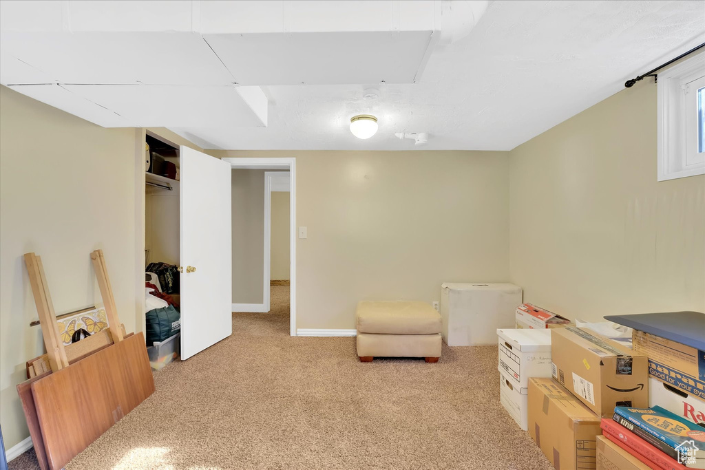 Living area with light colored carpet and baseboards