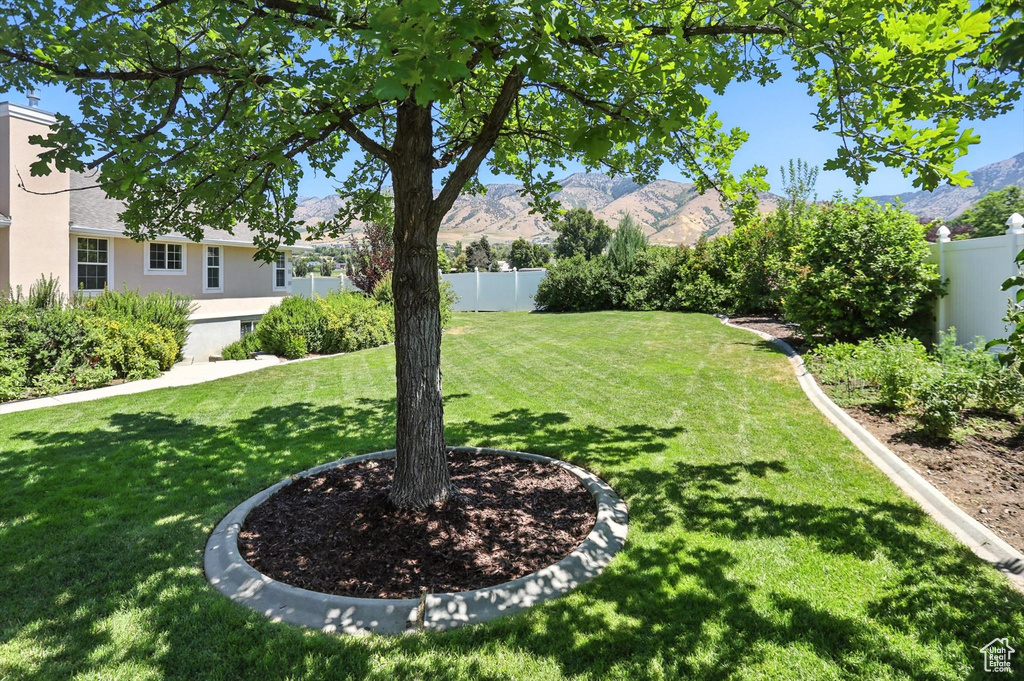 Fenced backyard featuring a mountain view