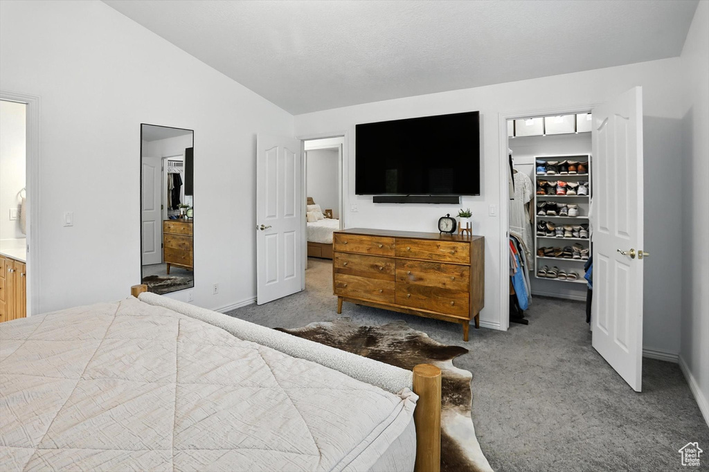 Bedroom with carpet, a spacious closet, vaulted ceiling, and connected bathroom