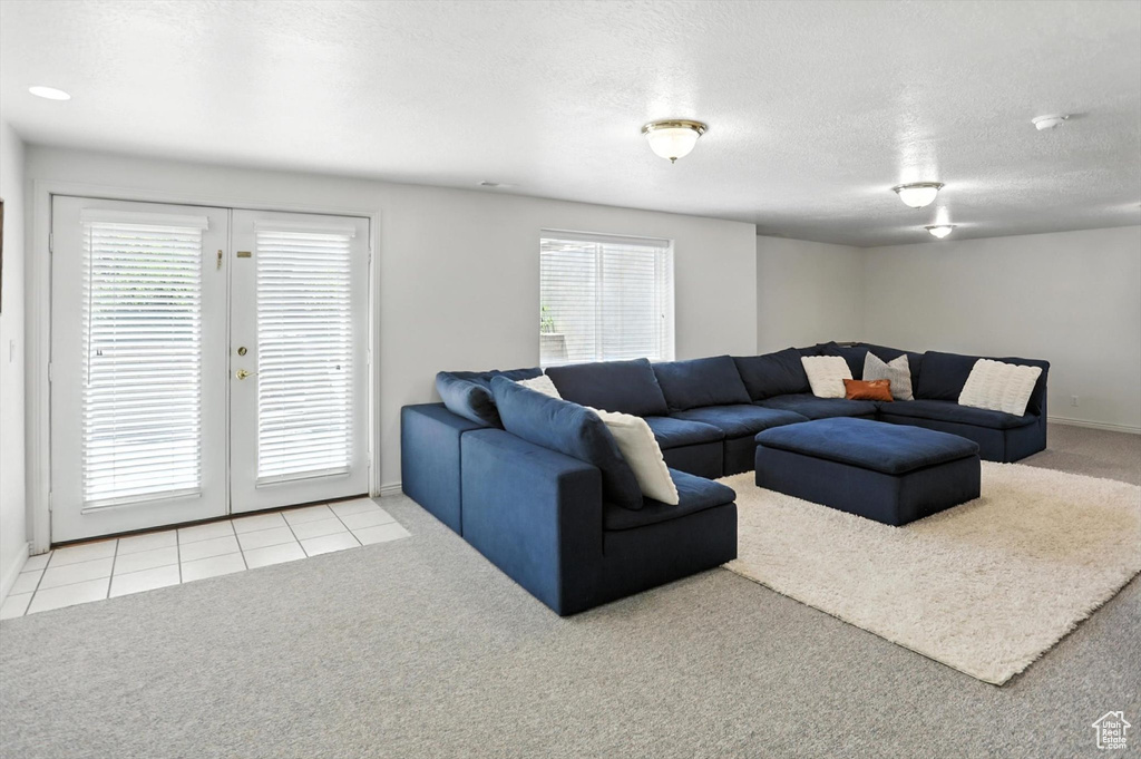 Carpeted living room featuring plenty of natural light and a textured ceiling