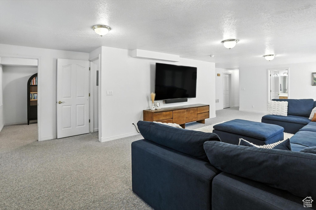 Living room with a textured ceiling and light carpet
