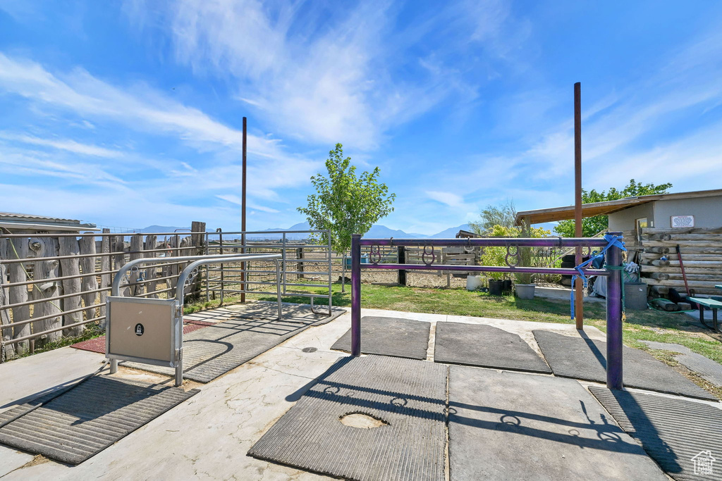 View of patio with a mountain view