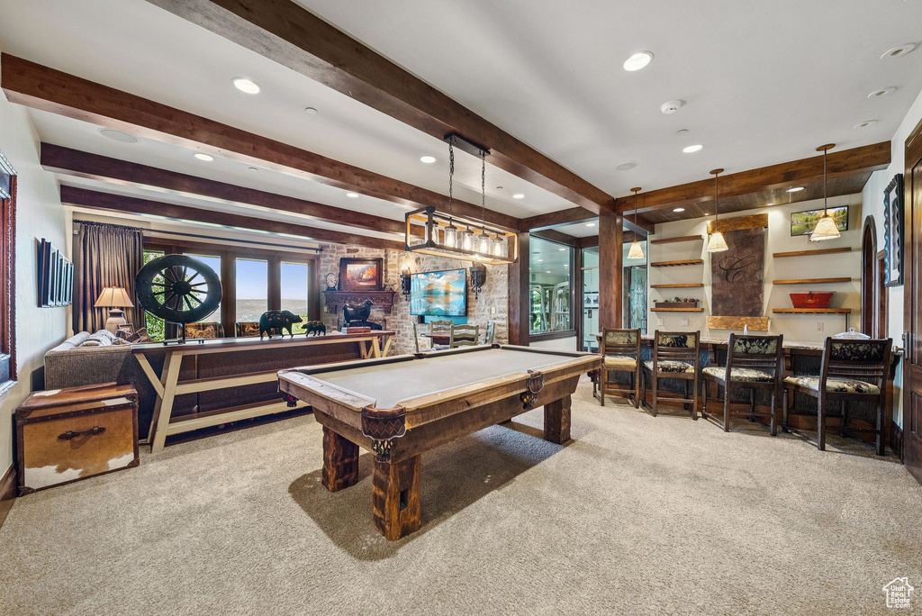 Recreation room with carpet floors, billiards, beamed ceiling, and recessed lighting
