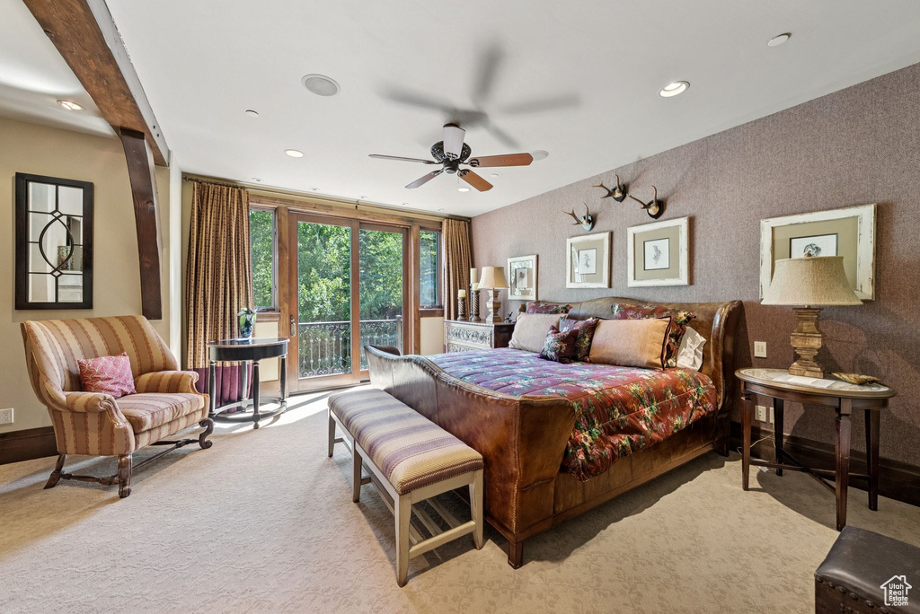Carpeted bedroom featuring access to exterior, recessed lighting, and ceiling fan