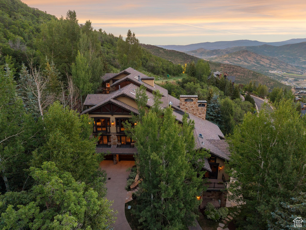 Aerial view at dusk of a mountain view