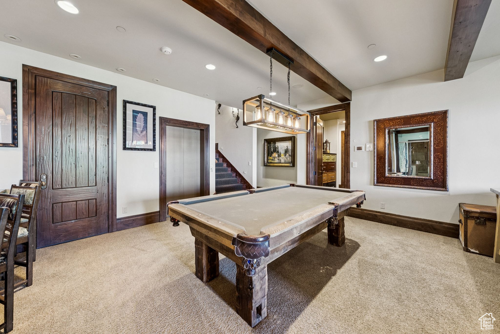 Recreation room with carpet floors, beamed ceiling, billiards, and recessed lighting