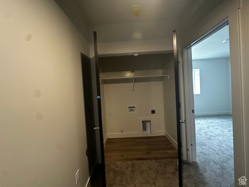 Laundry area featuring hookup for an electric dryer, carpet flooring, and washer hookup