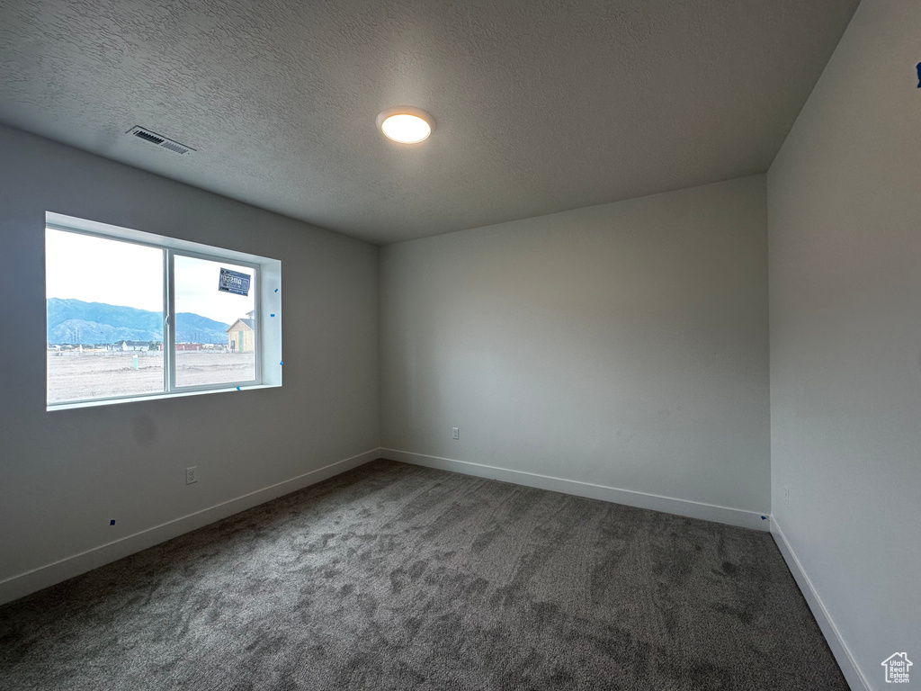 Carpeted empty room with a textured ceiling and a mountain view